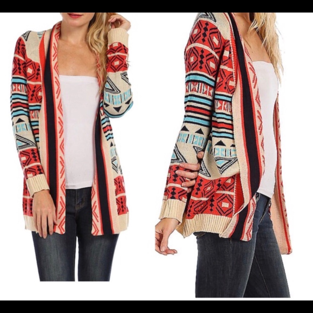 Tribal print shawl collar knit open cardi.